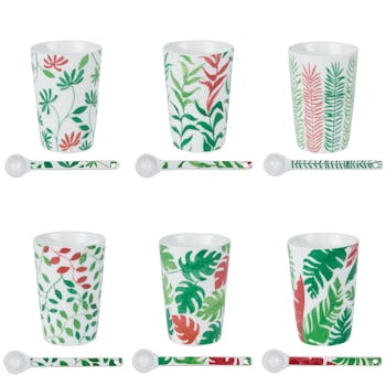 Coffret 6 gobelets avec cuillères motif feuillage vert et rouge