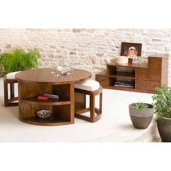 Table basse ronde 2 tabourets avec coussins D90cm LOLA