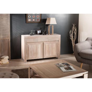 Buffet bas 2 portes 3 tiroirs moderne teck blanchi 120cm DIANE