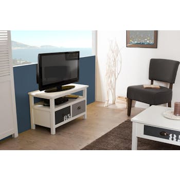 Meuble TV 2 tiroirs Blanc Gris et Taupe bois 80cm MILO