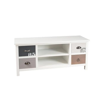 Meuble tv 4 tiroirs Blanc Gris et Taupe 114cm MILO