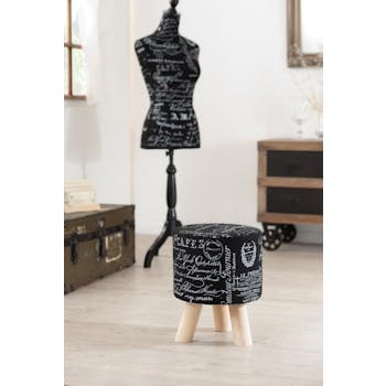 Tabouret bas rond tissu noir texte VALENTINE 30X30X38cm