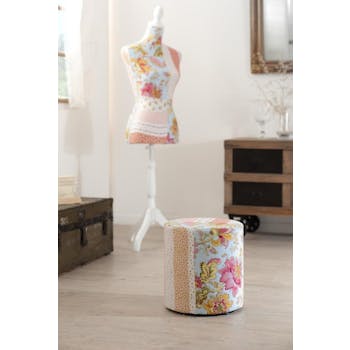 Pouf bas rond tissu fleuri multicolore 31x31x34cm VALENTINE