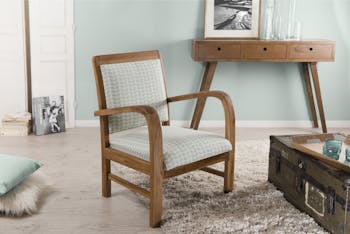 Fauteuil Teck assise tissu coton motifs feuilles rétro années 50. Dim: 61x63x81cm DIKA