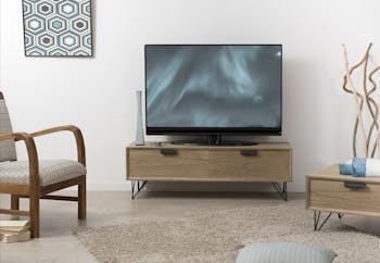 Meuble TV rétro bois 1 tiroir 1 porte pieds métal noir en épingle 3 tiges 120X40X39cm