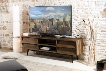 Meuble TV esprit scandinave en Teck recyclé 4 tiroirs, 2 niches ouvertes 160x42x55cm SWING