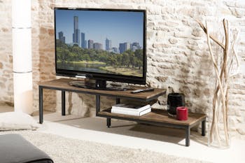 Meuble TV destructuré 2 niveaux en Teck recyclé et métal noir 161x40x40cm SWING