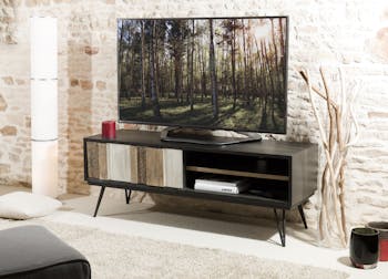 Meuble TV en Acacia massif noir 2 niches, 1 porte coulissante bandes teintes variées 150x45x56cm CADIX