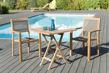 Salon de Jardin Table Teck 70x70cm + 2 Fauteuils empilables SUMMER ref. 30020809