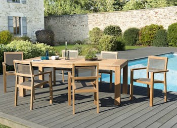 Salon de Jardin Teck Table 220x100 + 6 fauteuils empilables BERGEN ref. 30020837