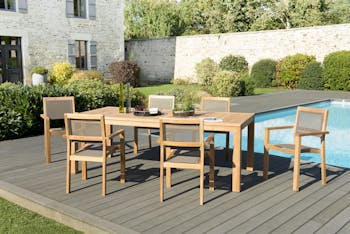 Salon de Jardin Teck Table 220x100 + 6 fauteuils empilables BERGEN ref. 30020839