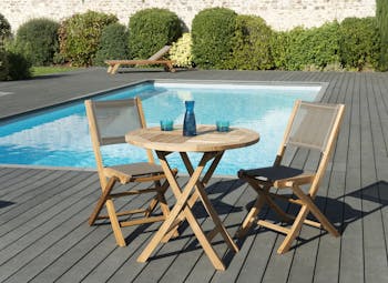 Salon de Jardin Teck Table D80 + 2 chaises pliantes SUMMER ref. 30020848