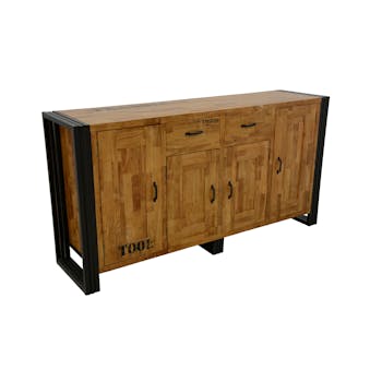 Buffet enfilade hévéa recyclé naturel et métal noirci 4 portes 2 tiroirs 180X45X90cm DOCKER