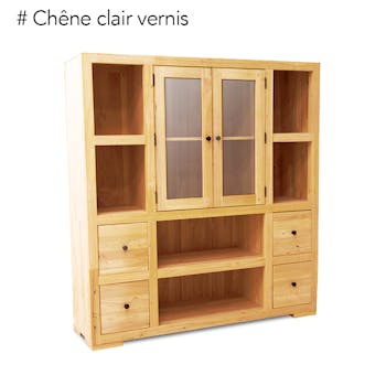 Bibliothèque / Vaisselier Hévéa 2 portes vitrées et bois, 2 tiroirs, 6 niches 130x40x140cm OLGA