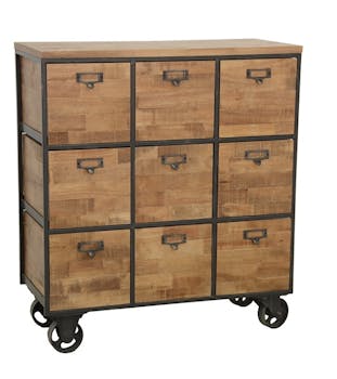 Meuble de Rangement à roulettes 9 tiroirs en Hévéa recyclé naturel et métal 76x35x83cm LOFT