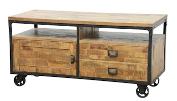 Meuble TV à roulettes 1 porte, 2 tiroirs, 2 niches en Hévéa recyclé naturel et métal 120x50x60cm LOFT