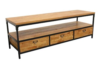 Meuble TV 3 tiroirs, 1 grande niche ouverte en Hévéa recyclé naturel et métal 150x45x50cm LOFT