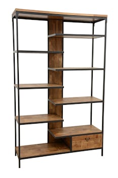 Bibliothèque 1 tiroir, 8 étages en quinconce en Hévéa recyclé naturel et métal 120x40x195cm LOFT