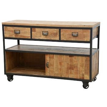 Buffet à roulettes 3 tiroirs, 1 porte coulissante, 1 grande niche ouverte en Hévéa recyclé naturel et métal 120x45x80cm LOFT
