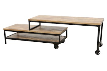 Meuble TV à roulettes en 2 parties, 3 grands plateaux en Hévéa recyclé naturel et métal 120x45x50cm LOFT