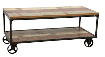 Table basse à roulettes double plateaux en Hévéa recyclé coloré et métal 120x60x47cm LOFT COLORS