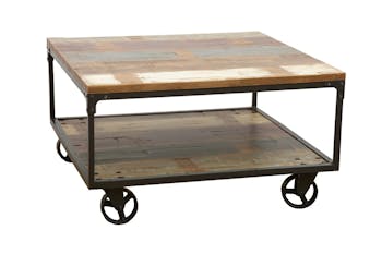 Table basse à roulettes double plateaux en Hévéa recyclé coloré et métal 90x90x47cm LOFT COLORS