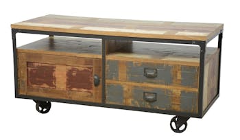 Meuble TV à roulettes 1 porte, 2 tiroirs, 2 niches en Hévéa recyclé coloré et métal 120x50x60cm LOFT COLORS