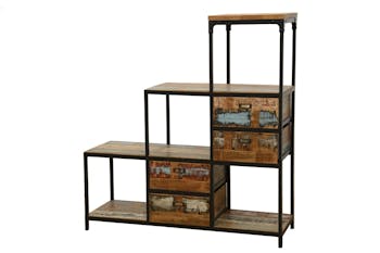 Meuble Escalier Double Faces 4 tiroirs, 4 niches cubes ouvertes en Hévéa recyclé coloré et métal 120x40x128cm LOFT COLORS