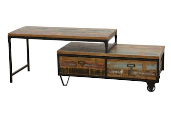 Meuble TV à roulettes en 2 parties, 2 tiroirs, 1 grand plateau en Hévéa recyclé coloré et métal 100x45x50cm LOFT COLORS