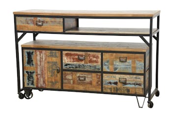 Buffet / Console à roulettes en 2 parties, 4 + 1 tiroirs, 1 porte en Hévéa recyclé coloré et métal 140x50x97cm LOFT COLORS