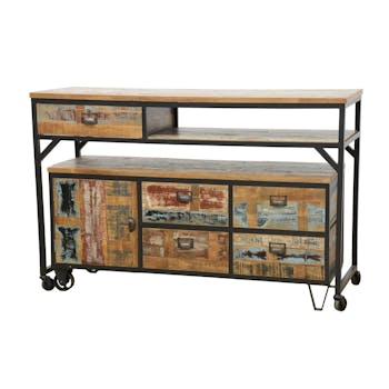 Buffet / Console à roulettes en 2 parties, 4 + 1 tiroirs, 1 porte en Hévéa recyclé coloré et métal 140x50x97cm LOFT COLORS