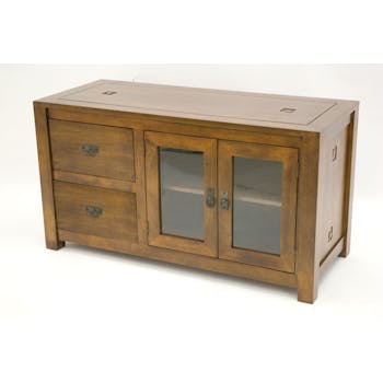 Buffet bas Hévéa 2 portes vitrées, 2 tiroirs 120x50x65cm TESSA