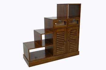 Meuble Escalier double face Hévéa 2 portes persiennes, 2 tiroirs, 3 niches, 105x40x102cm MAORI