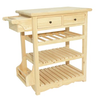 Desserte de cuisine Hévéa 2 tiroirs, 2 étagères, 1 rack à bouteilles, 1 rangement latéral 70x45x84cm TRADITION