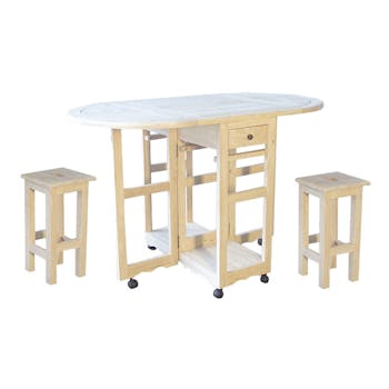 Table de repas à roulettes Hévéa 2 tiroirs + 2 tabourets 75x60x85cm TRADITION