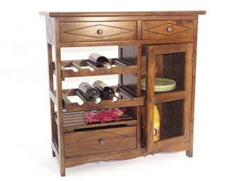 Meuble de cuisine Hévéa 3 tiroirs, 1 porte grillagée, 1 étagères, 2 racks à bouteilles 83x38x84cm TRADITION