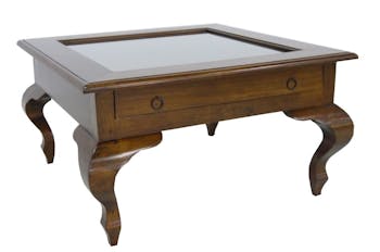 Table basse vitrée Hévéa 1 tiroir, pieds galbés 80x80x46cm MAORI