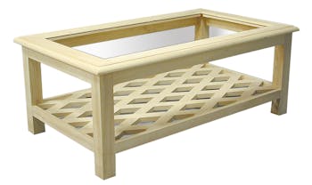 Table basse Hévéa double plateaux, 1 plateau verre, 1 plateau ajouré effet croisé 120x70x47cm MAORI