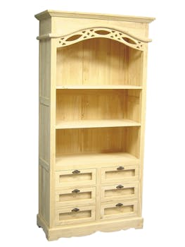 Bibliothèque ouverte Hévéa 6 tiroirs, 3 niches étagères 100x45x196cm MAORI