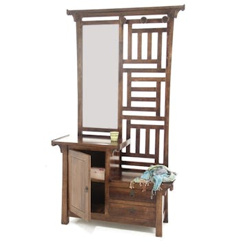Vestiaire Hévéa avec miroir, 1 porte, 2 tiroirs, 3 "boules" porte-manteau 110x40x195cm MAORI
