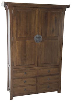 Armoire Hévéa 2 portes, 6 tiroirs 120x45x175cm MAORI