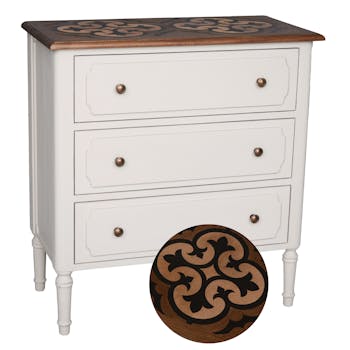 Commode bicolore patiné crème foncée, chic subtil, plateau marqueterie 3 tiroirs SIMONE L80X H80XP40 AMADEUS
