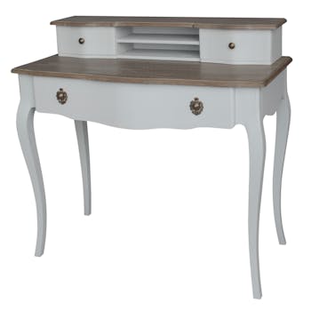 Bureau bicolore patine grisée, shabby romantique, 3 tiroirs CLOTHILDE L100XH95XP50 AMADEUS