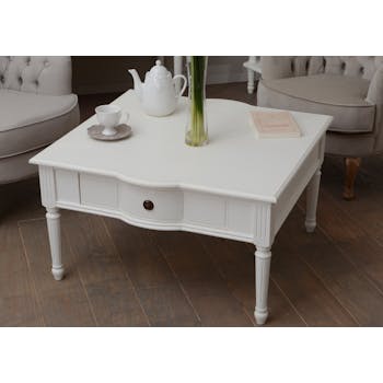 Table basse Classique Chic 1 tiroir AGATHE Long 80 X Larg 80 X H 45 Blanc Antique ADAMEUS