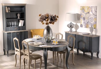 Table de repas ronde Baroque CELESTINE ARDOISE plateau bois naturel 120/160x120x77cm AMADEUS