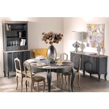 Table de repas ronde Baroque CELESTINE ARDOISE plateau bois naturel 120/160x120x77cm AMADEUS