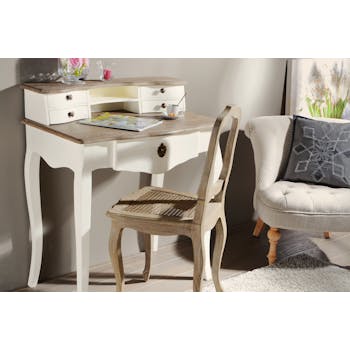 Bureau Baroque 1 + 4 tiroirs, 2 niches CELESTINE BLANC plateau bois marron 80x50x95cm AMADEUS