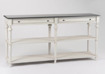 Console Drapier Baroque 2 tiroirs, double plateaux bas HERITAGE bois blanchi plateau anthracite 160x40x80cm AMADEUS