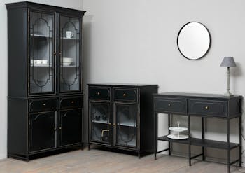 Buffet en bois noir, 2 tiroirs et 2 portes vitrées avec décor métal 101x45x100cm ACADEMIE