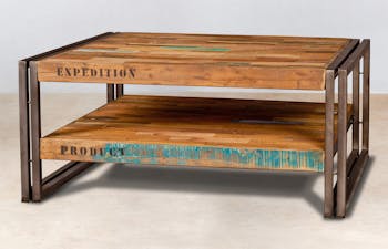 Table basse carrée bois recyclé double plateaux 80x80 CARAVELLE